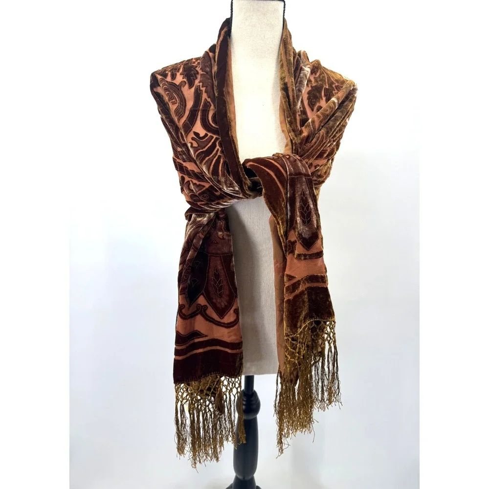 CCC Whimsigoth Boho Brown Paisley Velvet Burnout Silk Scarf Wrap Shawl Fringe